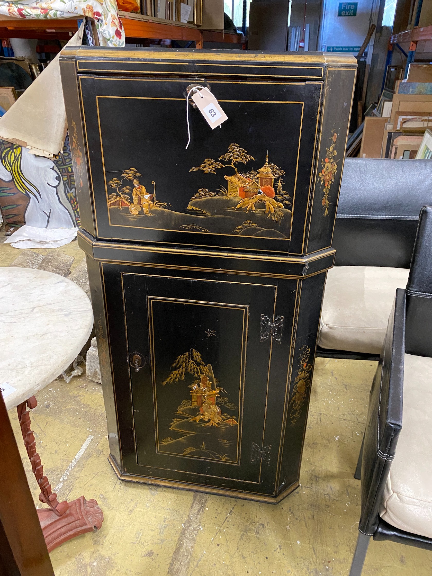 A 1920's chinoiserie lacquer corner bureau cabinet, width 69cm, depth 35cm, height 118cm